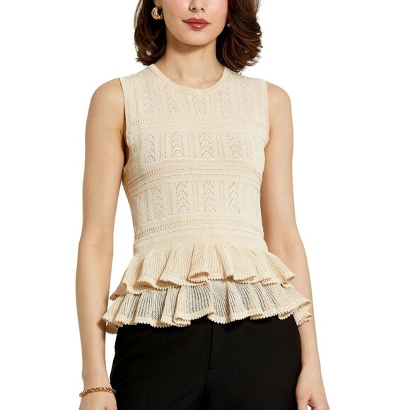 NWT Mac Duggal Sleeveless High Neck Knit Top With Ruffle Hem Oat Medium #A0181 - Picture 1 of 12
